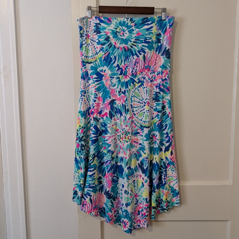 Lilly Pulitzer L Loleta Strapless Raw Asymmetrical Hem Multi Dive In Print Beach
